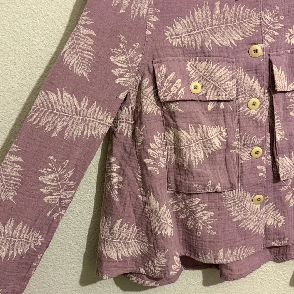 Hello Nite Women's Purple Leaf Print Button Up Long Sleeve Relaxed Fit